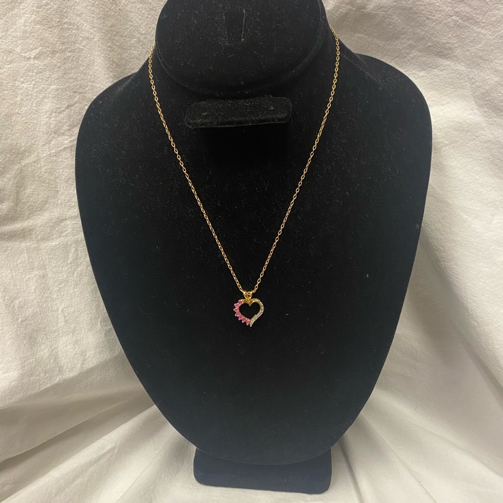 Prime Art & Jewel 925 with Gold Vermeil Diamond and Ruby Heart Necklace. 18 Inch